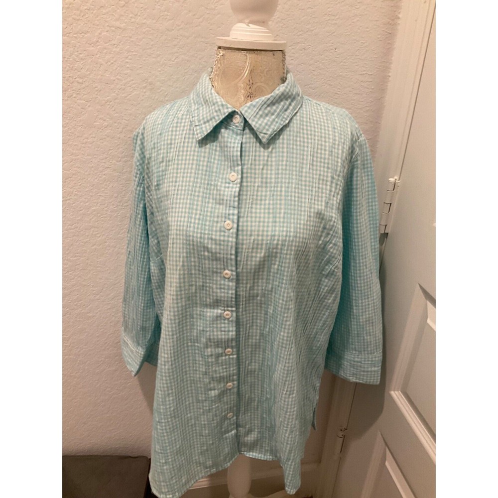 Croft Barrow Shirt Women’s Blouse Sz M Green White Checked Button Up 3/4 Sleeve